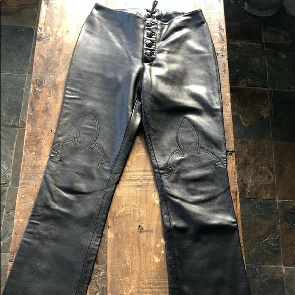 ☆ RARE VINTAGE CHROME HEARTS LEATHER MOTO PANTS ☆ - Picture 1 of 8